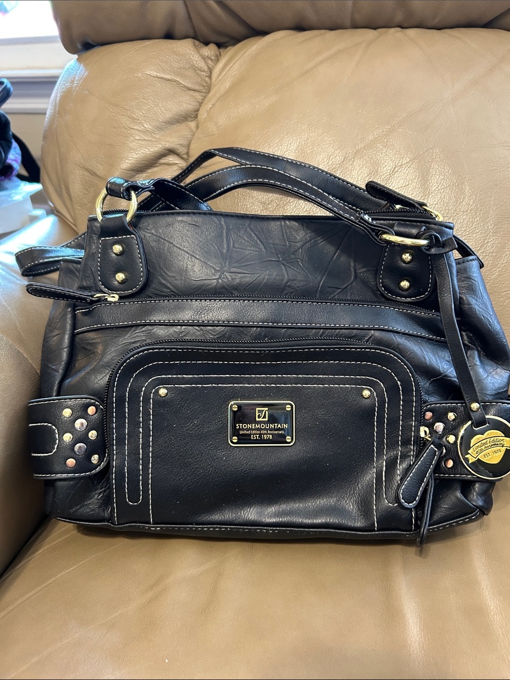 Stone Mountain Accessories Black Leather Shoulder Bag with Gold Hardware